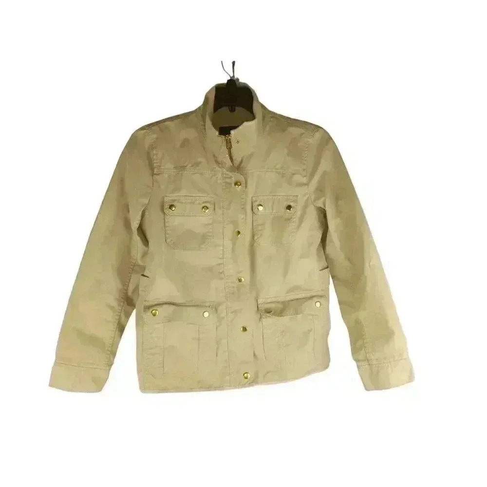 J Crew Womens Jacket Beige Full Zip Button Pocket Cotton Twill Mock Neck Size M